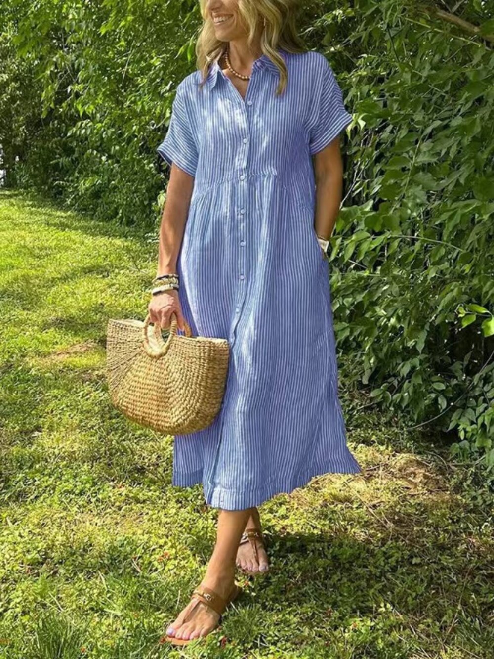 Women's Blue Striped Collared Short-Sleeve Relaxed Maxi Shirt Dress